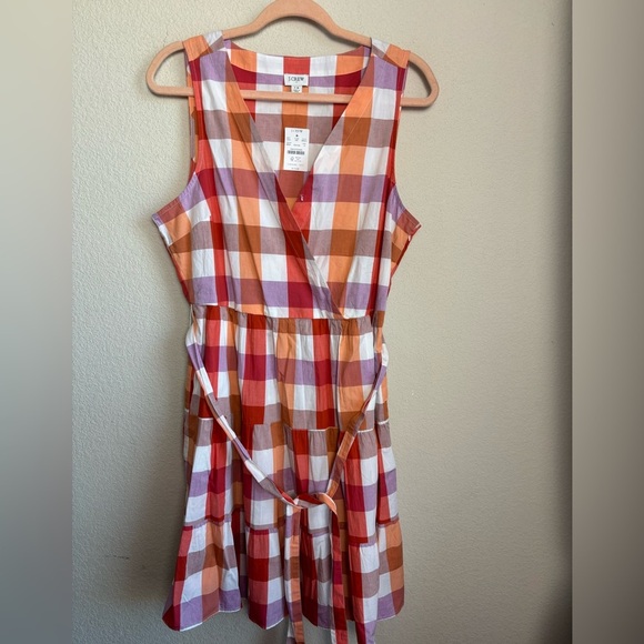 NWT J. Crew Coral Lilac Gingham Checkered Tiered V-Neck Pocketed Dress 14 - Picture 3 of 13